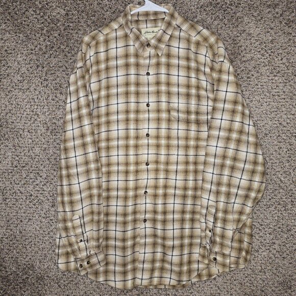 Eddie Bauer Shirt Mens Large Button Up Brown‎ Plaid Flannel Cotton Pocket Casual - Picture 1 of 7